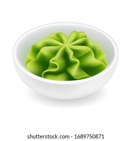 Wasabi sauce in a bowl. Realistic vector icon isolated on white background. Japanese sushi condiment in round ceramic ramekin. 3d side view asian spice illustration