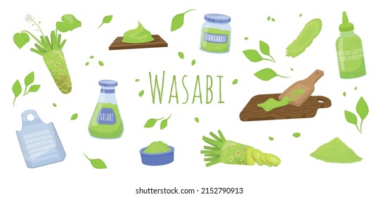 Wasabi sauce flat composition with isolated text surrounded by green powder leaves and cut plant icons vector illustration