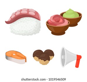 Wasabi sauce and ginger, salmon steak, octopus. Sushi set collection icons in cartoon style vector symbol stock illustration web.