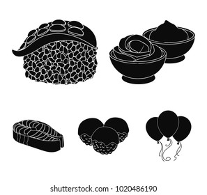 Wasabi sauce and ginger, salmon steak, octopus. Sushi set collection icons in black style vector symbol stock illustration web.