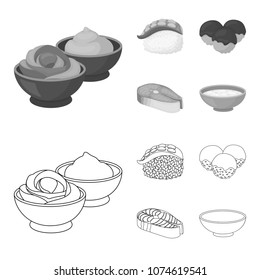 Wasabi sauce and ginger, salmon steak, octopus. Sushi set collection icons in outline,monochrome style vector symbol stock illustration web.