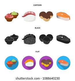 Wasabi sauce and ginger, salmon steak, octopus. Sushi set collection icons in cartoon,black,flat style vector symbol stock illustration web.