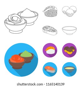 Wasabi sauce and ginger, salmon steak, octopus. Sushi set collection icons in outline,flat style vector symbol stock illustration web.