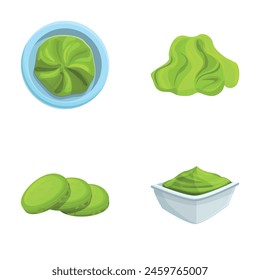 Wasabi sauce icons set cartoon vector. Fresh spicy wasabi in bowl. Japanese condiment