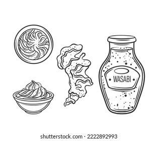 Wasabi sauce outline icons set vector illustration. Line hand drawing splash of fresh spicy dip from root of Japanese horseradish, paste bottle, side and top view of bowl saucers with wasabi