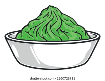 Wasabi sauce sticker vintage colorful with spicy green puree in bowl made from Japanese eutrema vector illustration