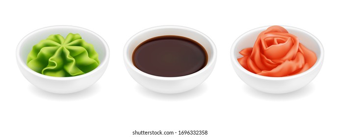 Wasabi soy sauce and ginger in a bowl. Realistic vector icon set isolated on white background. Japanese sushi condiment in round ceramic ramekin. 3d side view asian spice illustration