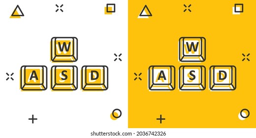 Wasd button icon in comic style. Keyboard cartoon vector illustration on white isolated background. Cybersport splash effect business concept.