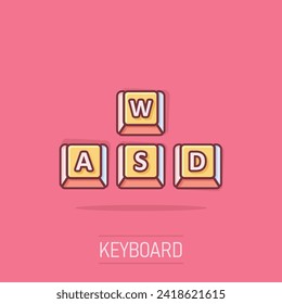 Wasd button icon in comic style. Keyboard cartoon vector illustration on isolated background. Cybersport splash effect business concept.