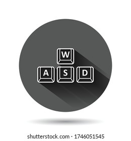 Wasd button icon in flat style. Keyboard vector illustration on black round background with long shadow effect. Cybersport circle button business concept.