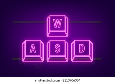 WASD computer keyboard neon buttons. Desktop interface. Web icon. Gaming and cybersport. Vector stock illustration.