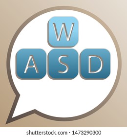 WASD cubes icons set. Bright cerulean icon in white speech balloon at pale taupe background. Illustration.