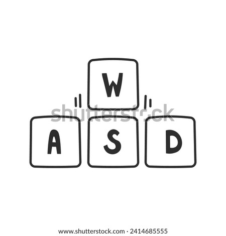 WASD keyboard buttons. Hand drawn vector illustration. Doodle computer game symbol. Black outline on white background.
