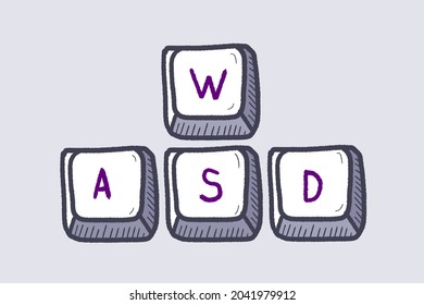 WASD keyboard keys used in PC video games. Gaming concept doodle.