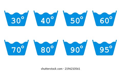 Wash at 30 to 95 degrees. Degrees of water. Set of isolated wash icons. Vector illustration.