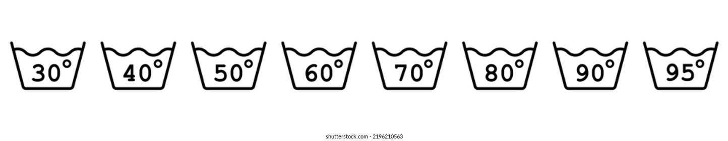 Wash at 30 to 95 degrees. Degrees of water. Set of isolated wash icons. Vector illustration.