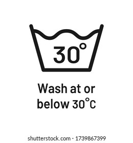 Wash at 30 degree icon with text. Water temperature 30C vector sign. Wash temperature 30. Laundry icon isolated on white background. 