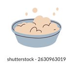 Wash basin with foam, soap, bubbles. Metal laundry bowl, soapy water, bubbly suds for hygiene, cleaning and cleansing with detergent. Flat vector illustration isolated on white background
