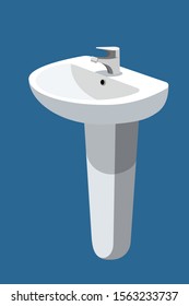 Wash basin with single handle mixer tap isolated on blue background. Vector illustration