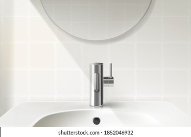 Wash basin sink in the modern bathroom on window light background. Realistic vector in 3D illustration.