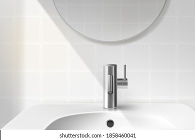 Wash basin sink in the modern bathroom on window light background. Realistic vector in 3D illustration.