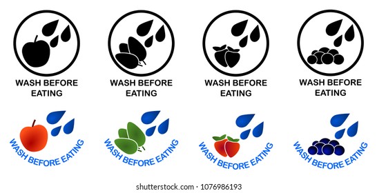 Wash before eating set of symbols. Black and color version sign, drops of water falling on apple, green leaves, strawberries and blueberries.