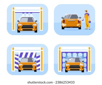 Wash car set. Man in uniform with yellow car. Soap and bubbles, foam with water. Young guy in car service with dirty automobile. Cartoon flat vector collection isolated on white background