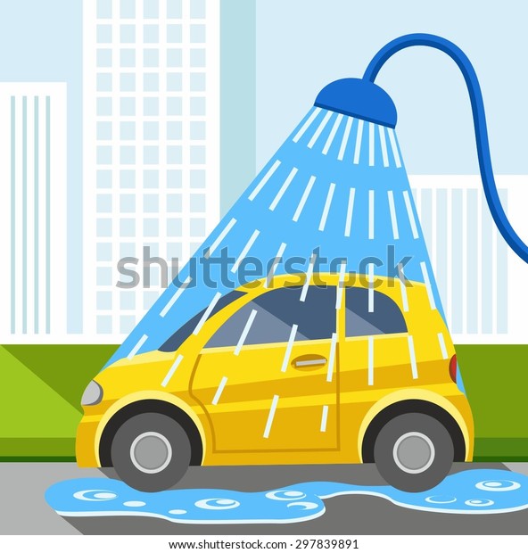 Wash car, yellow car, color illustration. In the car\
wash yellow wash the car. The showerhead pouring blue water.\
Colored illustration. 