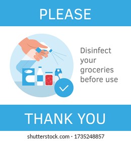 Wash, Clean, Disinfect Purchase. Hand Holding Spray With Disinfectant And Spay To Grocery. Vector Illustration Flat Style Design. Coronavirus Prevention Rules, Advice. Banner Sign Store, Supermarket