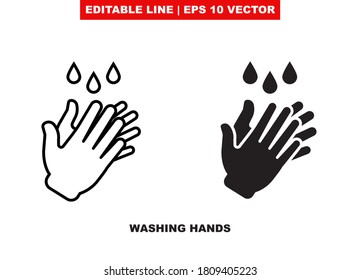 Wash clean and sanitize your hand line vector icon. Human hands with water drop hygiene symbol clipart. Flat disinfect drops. Simple editable outline pictogram. Disinfection from germs or viruses SET1