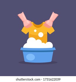 Wash Clothes In A Basin With Hands. Flat Vector Illustration.