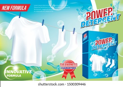 Wash Clothes. Detergent for Home. Cleaning Service. Vector Illustration. Cleaning Realistic. Shining White. Household Chemicals. Modern Cleaning Product. Innovation Formula. Powder Detergent.