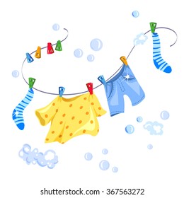 wash clothes drying on a rope. vector illustration