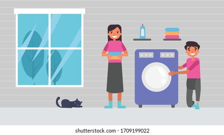 Wash clothes Lover's hobbies activities couples spend together on summer ,holidays, Time with loved ones Happiness No place like home concept, Colorful vector illustration in flat cartoon style.