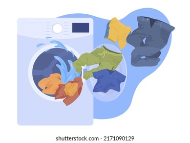 Wash clothes in modern electronic washing machine vector flat illustration. Clean textile clothing flying from open door domestic laundered isolated. Household washer with cleaner aroma detergent