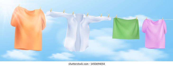 Wash clothes on a rope with clothespins. Vector illustration