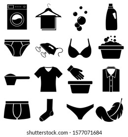 Wash clothes set icons, logo isolated on white background. Underwear washing machine