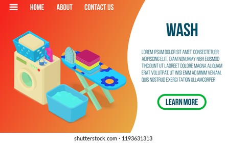 Wash concept banner. Isometric banner of wash vector concept for web, giftcard and postcard