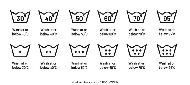 Wash at degree flat vector set. Water temperature 30C 40C  50C 60C 70C 95C  vector sign. Wash temperature. Laundry icon isolated on white background. 