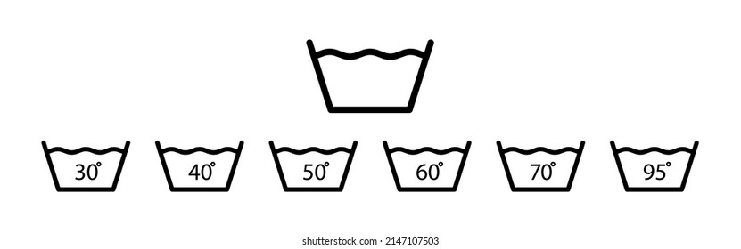 Wash degree icons. Wash temperature degree from 30 to 95. 30, 40, 50, 60, 70, 90 and 95 degrees for washing clothes. Laundry symbols isolated on white background. Vector.