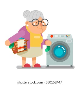 Wash dirty laundry in washing machine Household Granny Old Lady Character Cartoon Flat Vector illustration