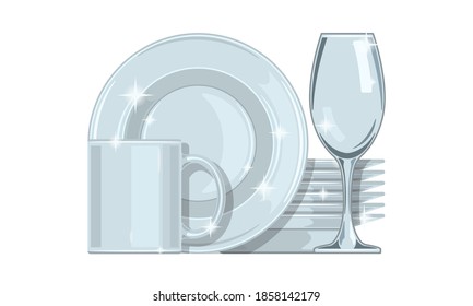 Сlean wash dishes isolated on white background. Flat cartoon style vector illustration.