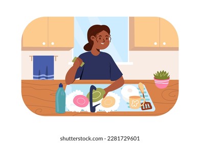 Wash dishes kids concept with people scene in the flat cartoon style. Little girl help mom in the household and washes dishes. Vector illustration.