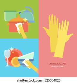 Wash the dishes. Vector collection with rubber gloves in flat style. Perfect for packaging, infographic. Colorful elements: cookware, pot, kettle, sink, kitchenware. Cleaning concept.