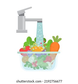 Wash fresh vegetables for cooking. Clean vegetables under water in bowl with tap. Healthy food. Vector illustration.