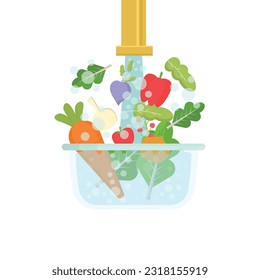 Wash fresh vegetables for cooking. Clean vegetables under water in bowl with tap. Healthy food. Vector illustration.