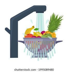 Wash The Fruit Before Eating. Food In A Colander Under Water.  The Concept Of Health Care, The Fight Against Viruses And Bacteria. Vector Illustration.