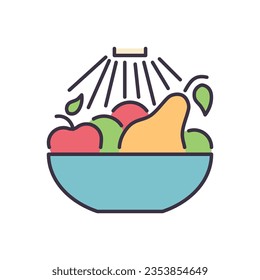 Wash fruits related vector icon. Water is pouring on a bowl of fruit. Wash fruits sign. Isolated on white background. Editable vector illustration