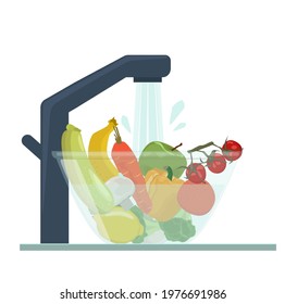 Wash fruits and vegetables before eating. Food in a bowl under water, food before cooking. The concept of health care. Vector illustration.