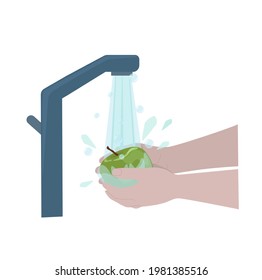 Wash fruits and vegetables before eating. Human hands wash an apple under water.   The concept of healthcare. Vector illustration.